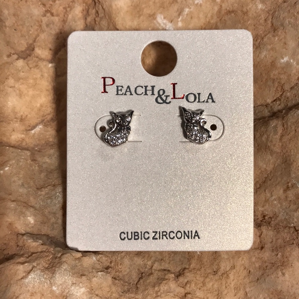 PAVE JEWEL CAT KITTY KITTEN STUD EARRINGS SILVER